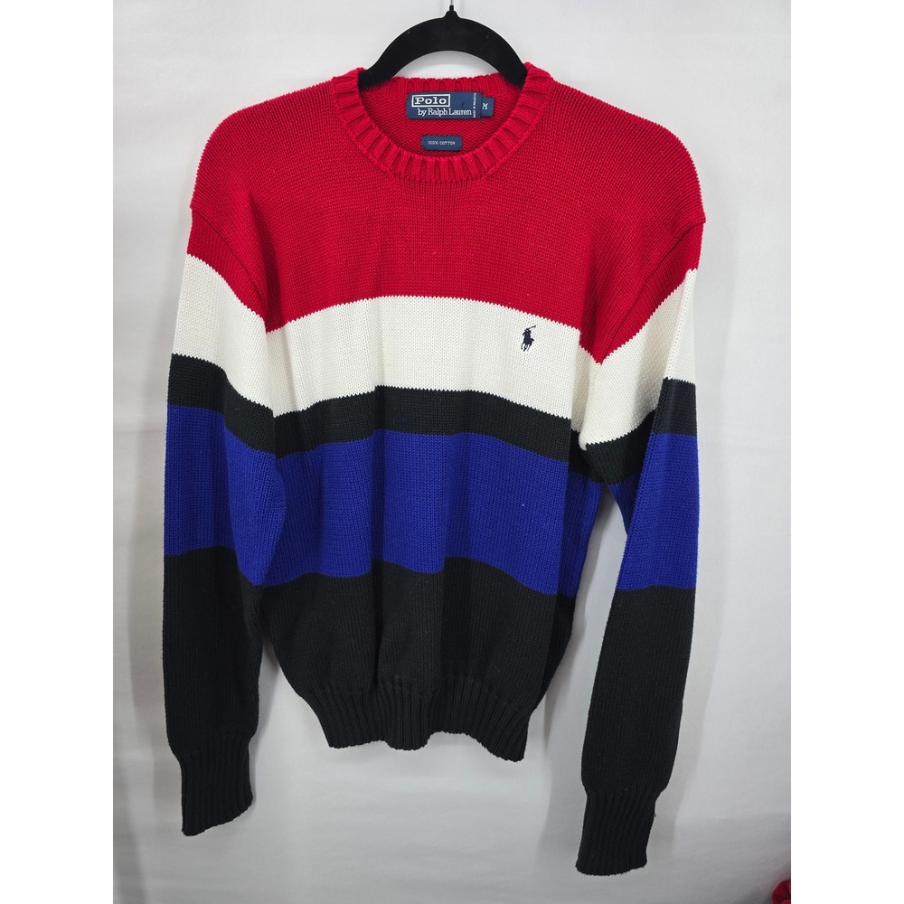 Polo Ralph Lauren Mens Colorblock Striped Cotton Knit Crewneck Sweater Red Blue